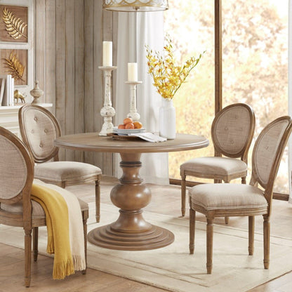 Walnut round pedestal dining table with diamond veneer and 6 upholstered chairs by HouseOfZazla on Tampa Home & Garden Store