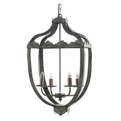 4-light gray metal chandelier with curved cage frame and hanging chain, candle bulbs on Tampa Home & Garden Store