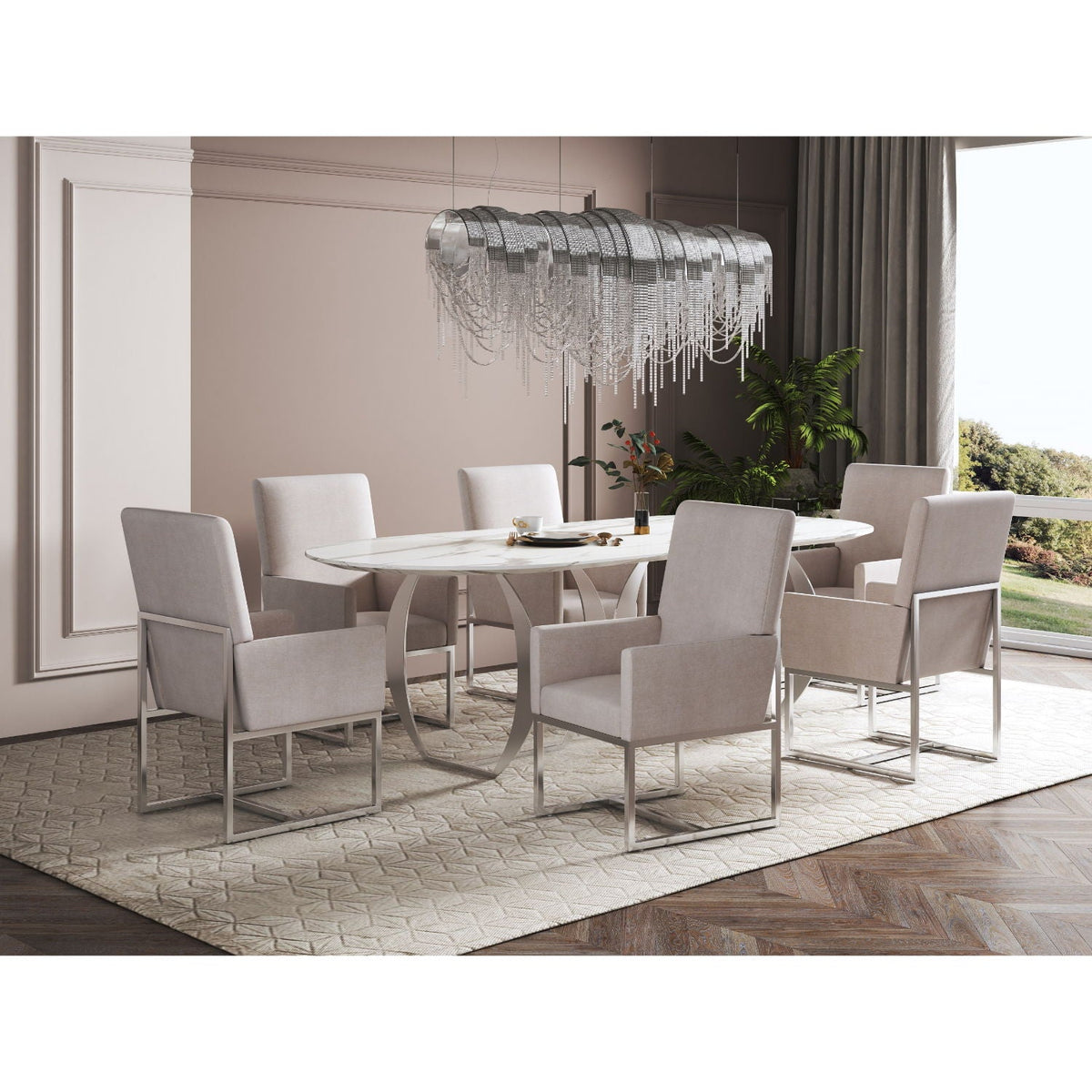 Element Dining Arm Chair set beige upholstered chairs with metal cantilever frames HouseOfZazla on Tampa Home & Garden Store