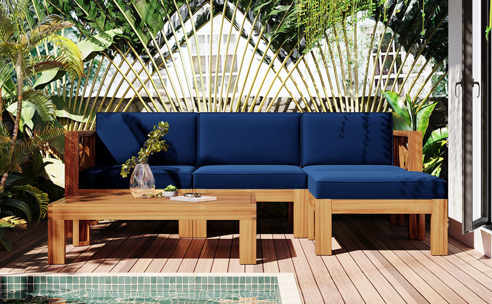 TOPMAX Outdoor 5-Piece Wood Sectional Patio Sofa Set by HouseOfZazla with navy blue cushions on Tampa Home & Garden Store
