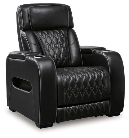 Boyington power recliner with headrest in black leather, diamond-stitched upholstery, cupholders on Tampa Home & Garden Store