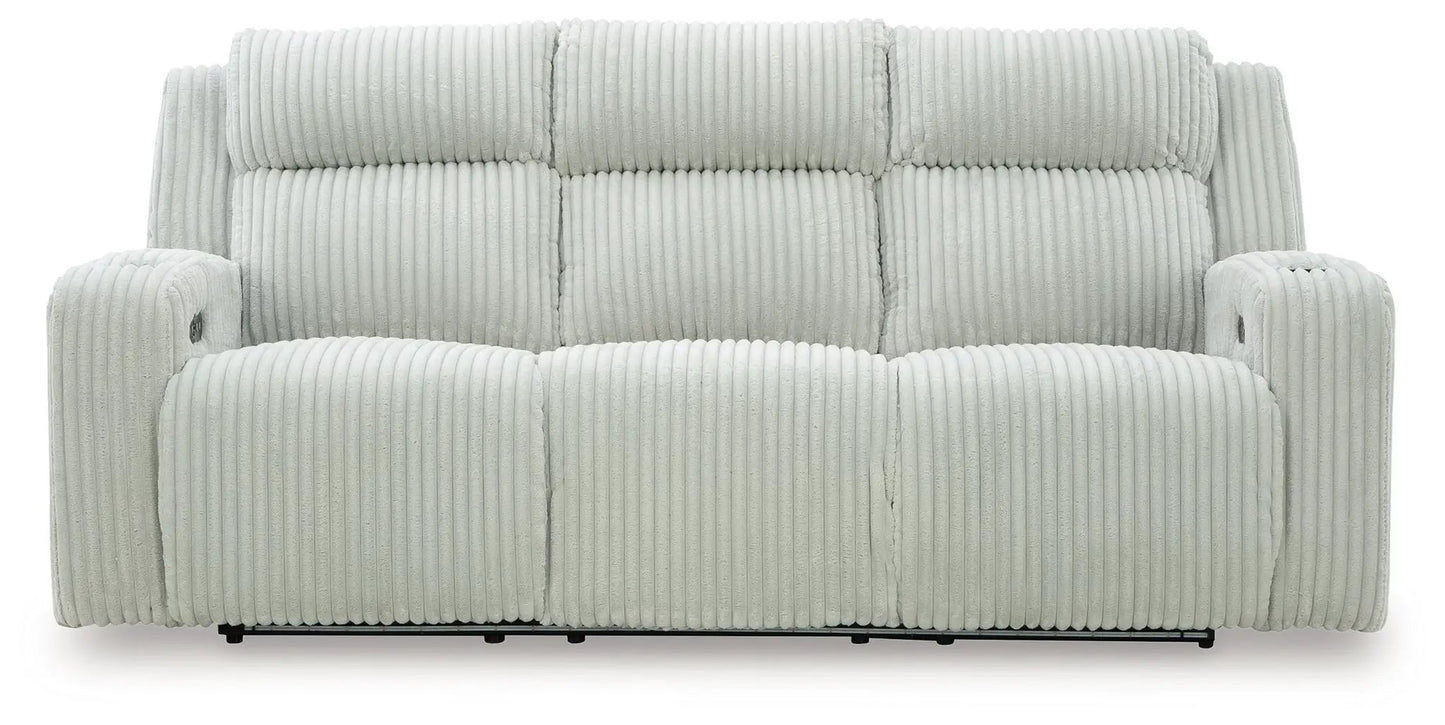 Forest Lake power reclining sofa with adjustable headrest in light gray corduroy on Tampa Home & Garden Store