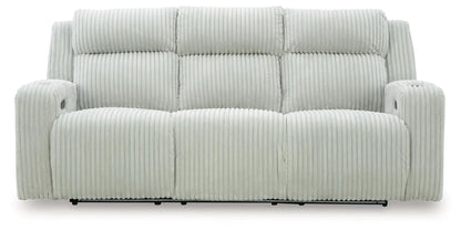 Forest Lake power reclining sofa with adjustable headrest in light gray corduroy on Tampa Home & Garden Store