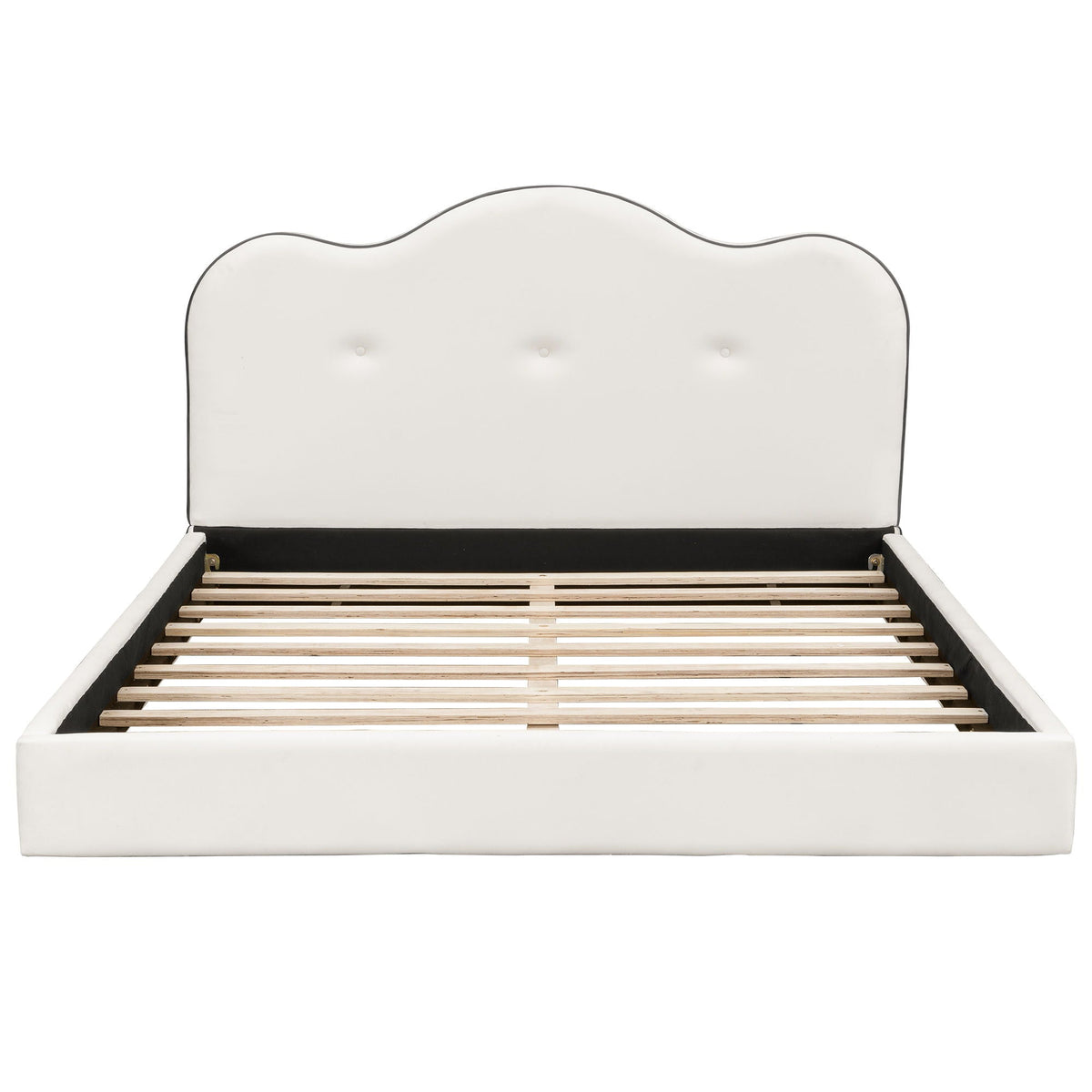 Upholstered bed headboard in white fabric with curved scalloped top and wood slat frame on Tampa Home & Garden Store