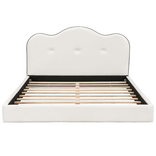 Upholstered bed headboard in white fabric with curved scalloped top and wood slat frame on Tampa Home & Garden Store
