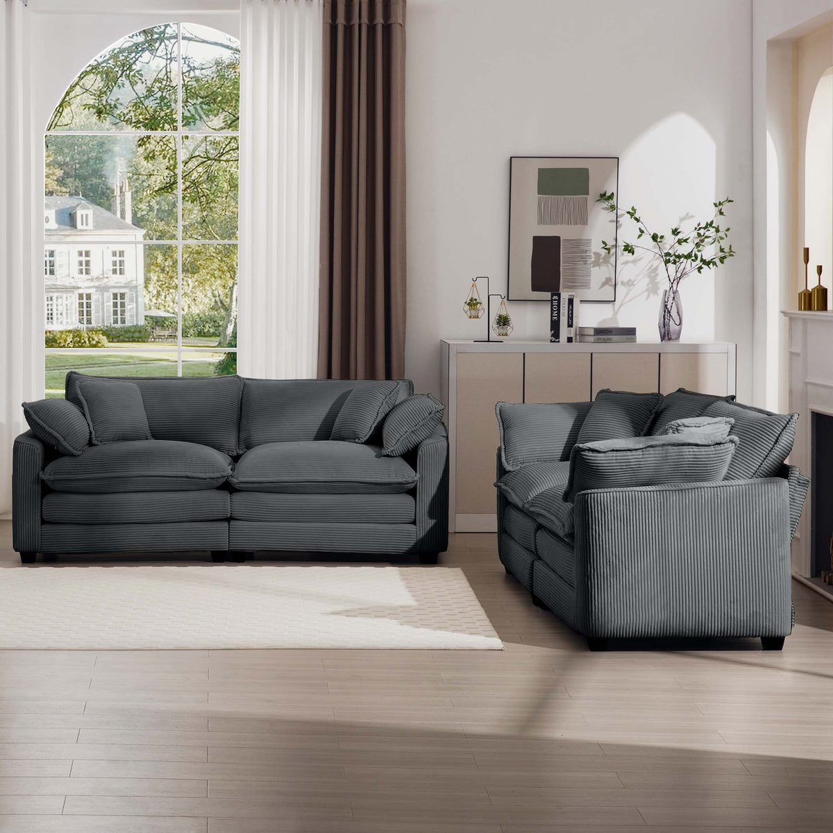 3-Piece oversized sectional sofa set with deep seats in dark blue-gray fabric by HouseOfZazla on Tampa Home & Garden Store
