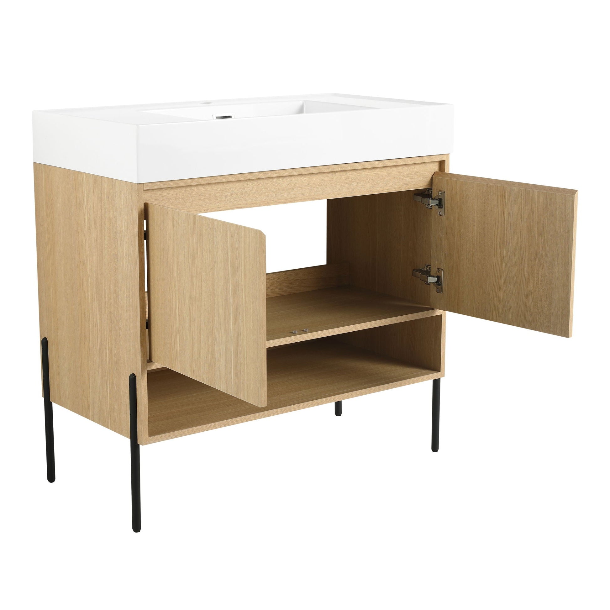 Modern bathroom vanity with white resin sink atop oak storage cabinet on Tampa Home & Garden Store