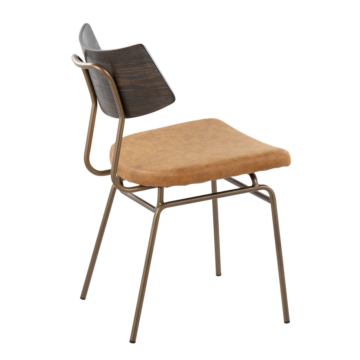 Mid Century Modern chair with dark wood back and tan upholstered seat, bronze metal legs on Tampa Home & Garden Store