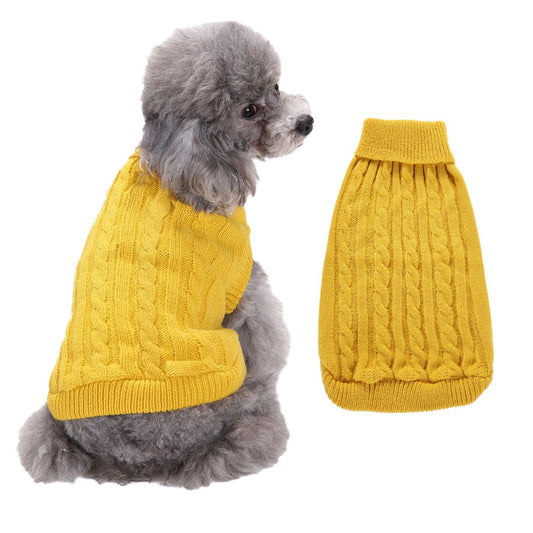 Pet Zen yellow cable-knit dog sweater for small dogs worn by a fluffy pup on Tampa Home & Garden Store