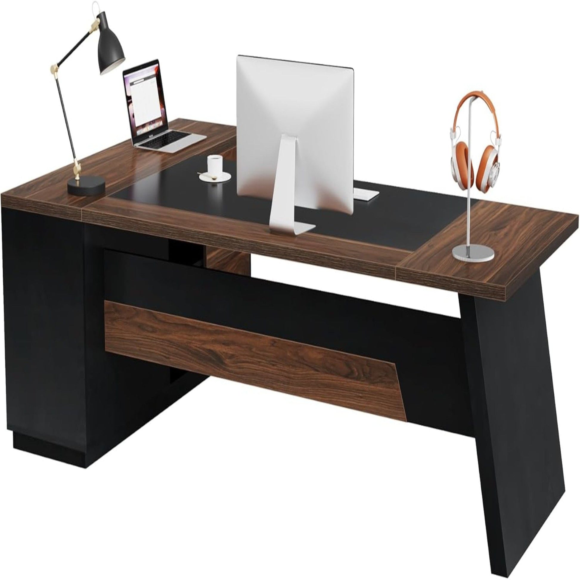 L-shaped executive corner desk in woodgrain with black base and file cabinet on Tampa Home & Garden Store