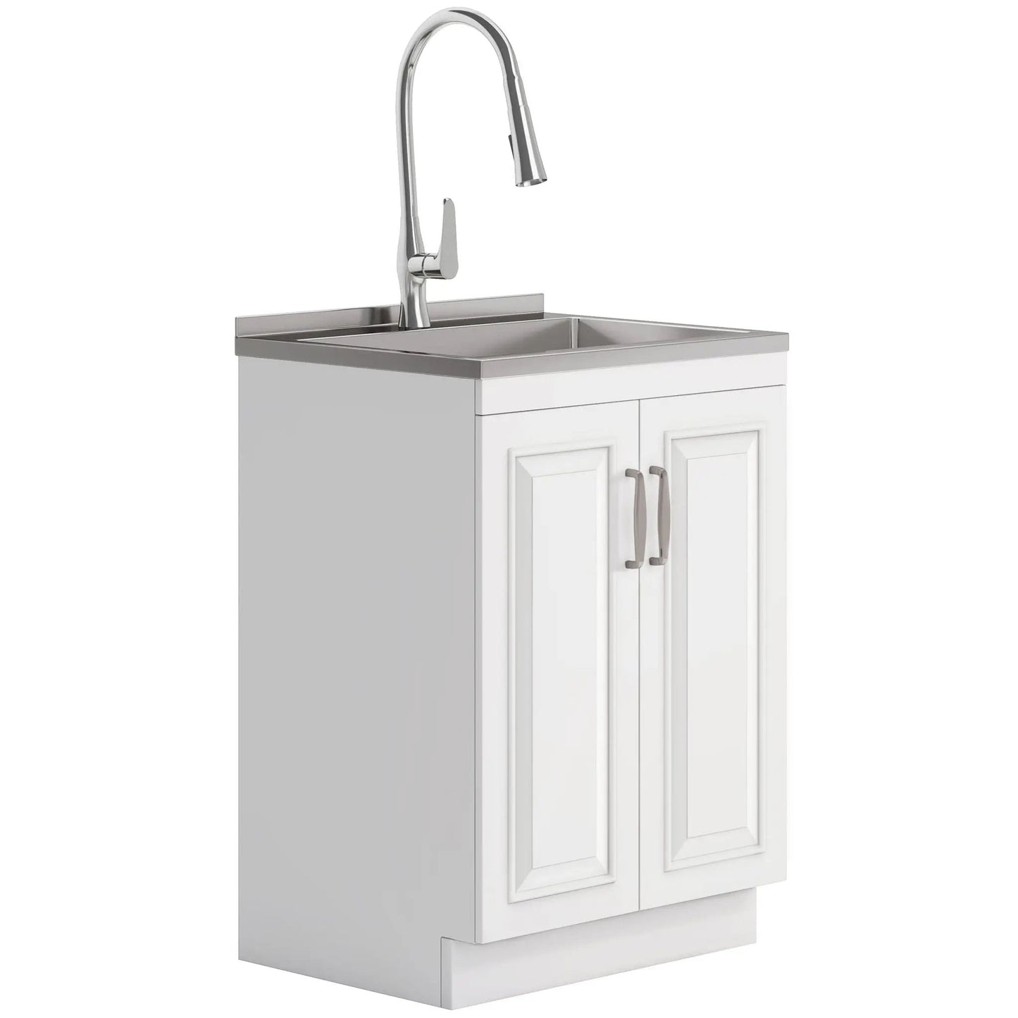 Darwin Deluxe Laundry Cabinet with faucet and stainless steel sink, white vanity on Tampa Home & Garden Store