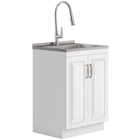 Darwin Deluxe Laundry Cabinet with faucet and stainless steel sink, white vanity on Tampa Home & Garden Store