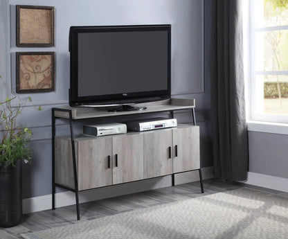 Samiya gray TV stand with gray wood doors and black metal legs, supports TCL TV on Tampa Home & Garden Store