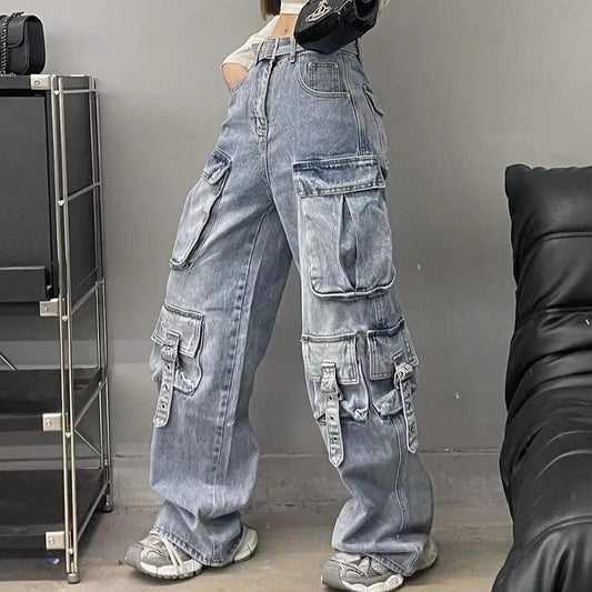 Autumn vintage street cargo denim jeans with oversized pockets, light-wash, wide-leg on Tampa Home & Garden Store