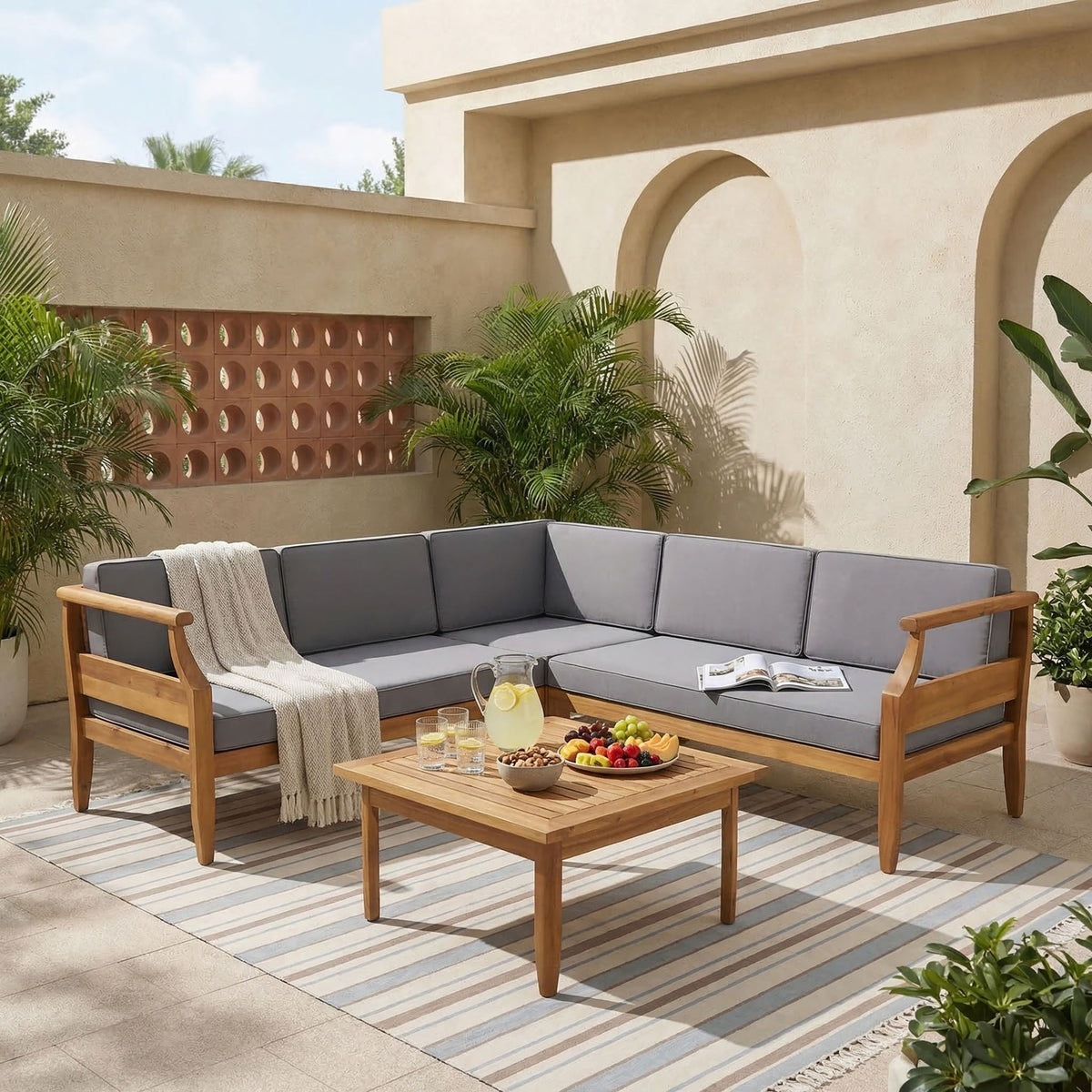 Aston 4-Piece Outdoor Sofa Set with dark gray cushions and wood frame on Tampa Home & Garden Store