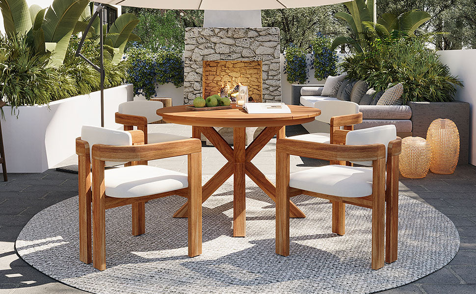 5-Piece Outdoor Acacia Wood Round Dining Set with white cushions by HouseOfZazla on Tampa Home & Garden Store