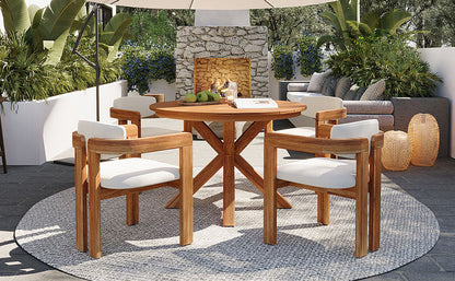 5-Piece Outdoor Acacia Wood Round Dining Set with white cushions by HouseOfZazla on Tampa Home & Garden Store