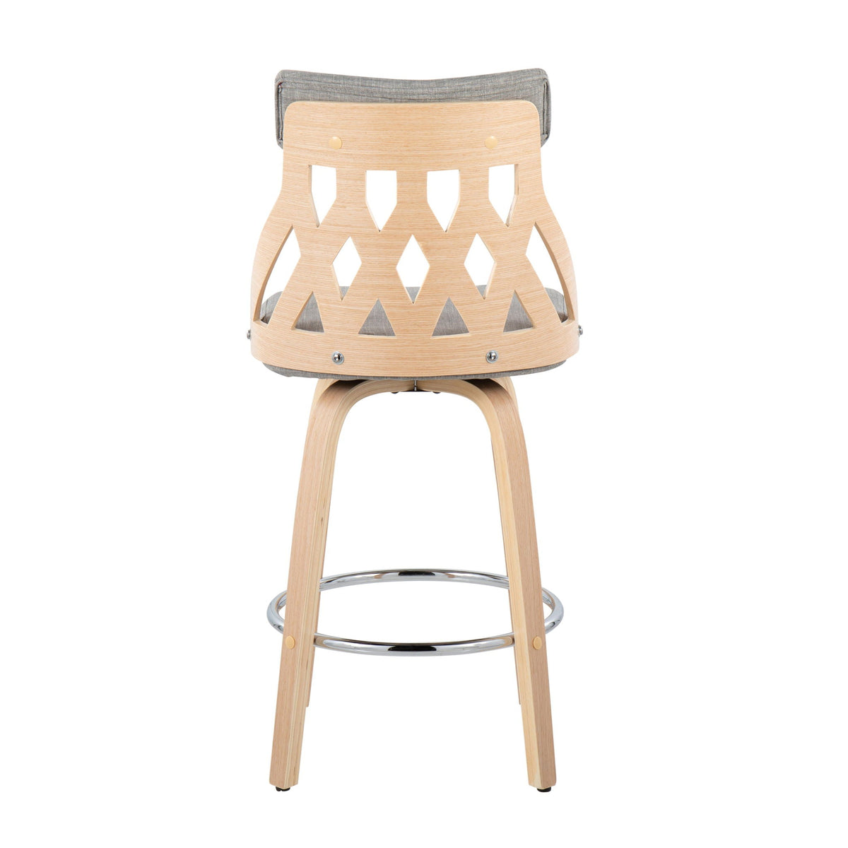 Mid-Century Modern Counter Stool with lattice back in natural wood and gray cushion on Tampa Home & Garden Store