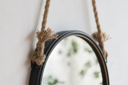 Handsome Cleveland Mirror with rope strap, round metal frame for wall decor on Tampa Home & Garden Store