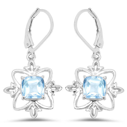 Earrings 5.30ct Swiss Blue Topaz in .925 Sterling Silver with floral star frame, lever-back on Tampa Home & Garden Store