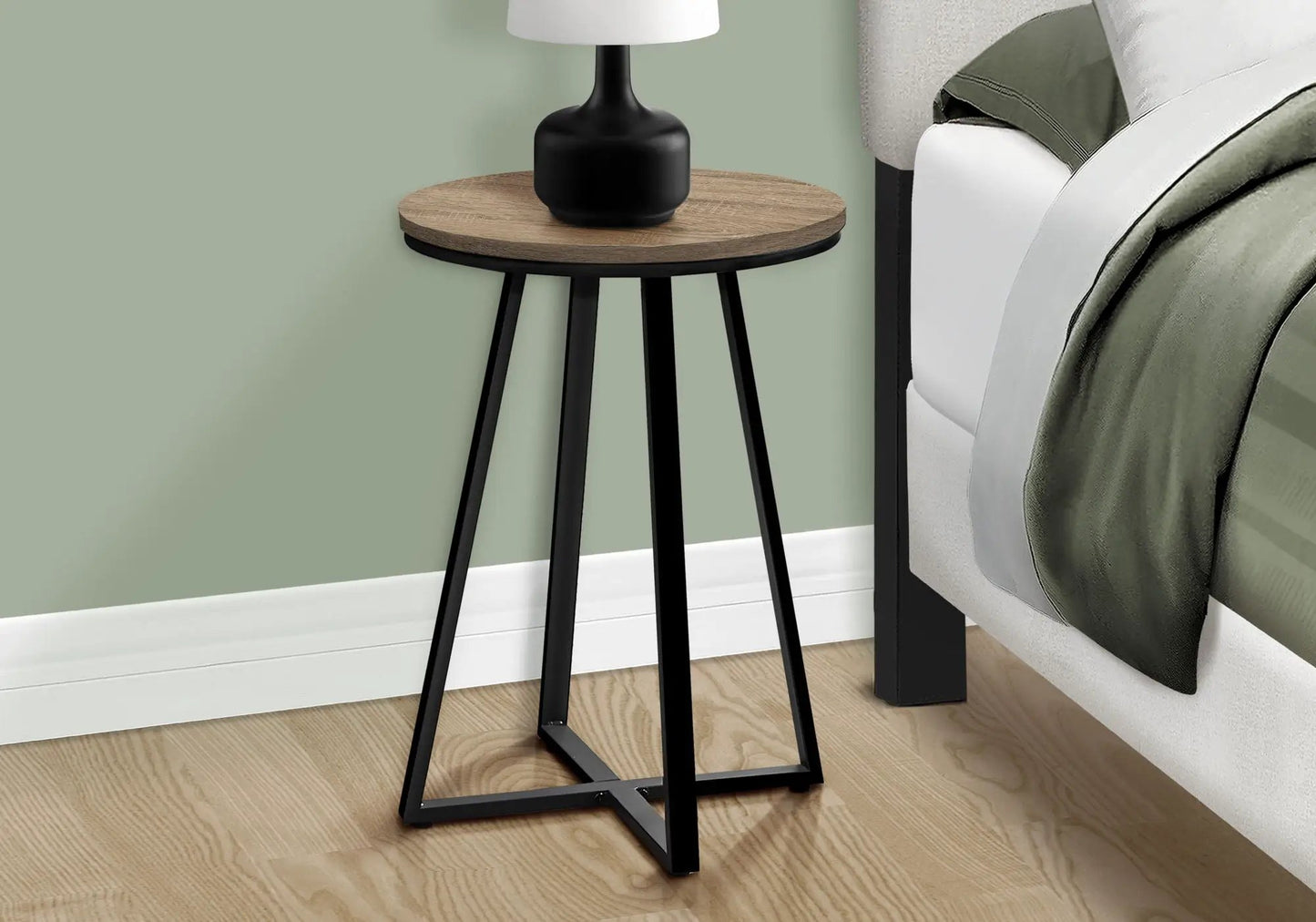 Accent Table round wooden top with black metal legs, lamp on surface by Unique Piece Furniture on Tampa Home & Garden Store
