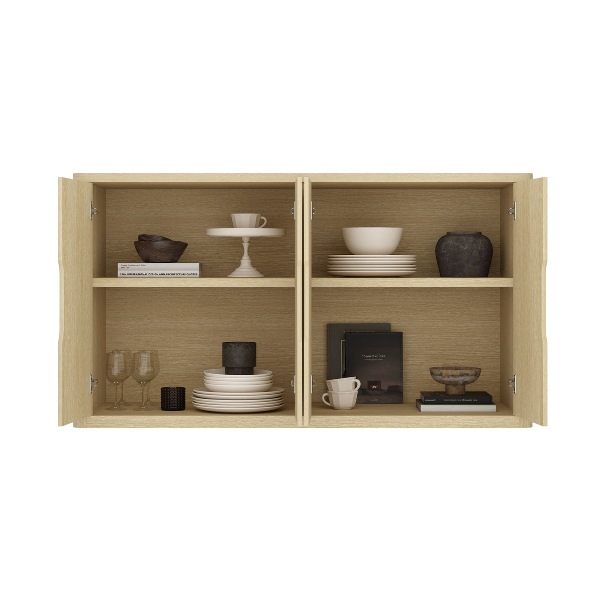 Rivington Sideboard in oak with soft close doors and adjustable shelves shows plates and bowls on Tampa Home & Garden Store