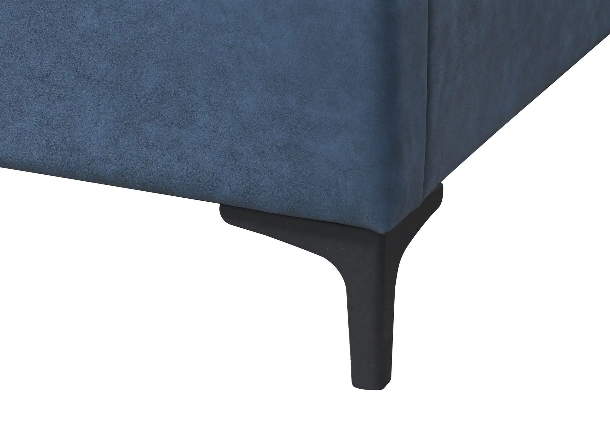 Fully Upholstered Bed in blue velvet fabric; close-up of footboard and black legs on Tampa Home & Garden Store
