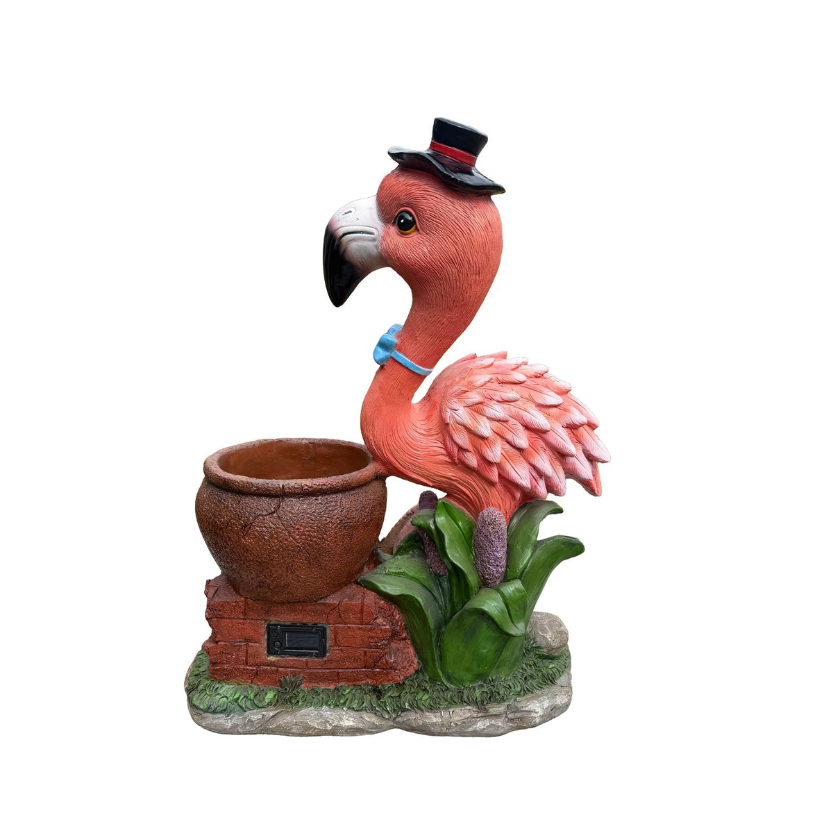 Flamingo Flower Pot Planter garden sculpture pink with black hat and blue bow by HouseOfZazla on Tampa Home & Garden Store