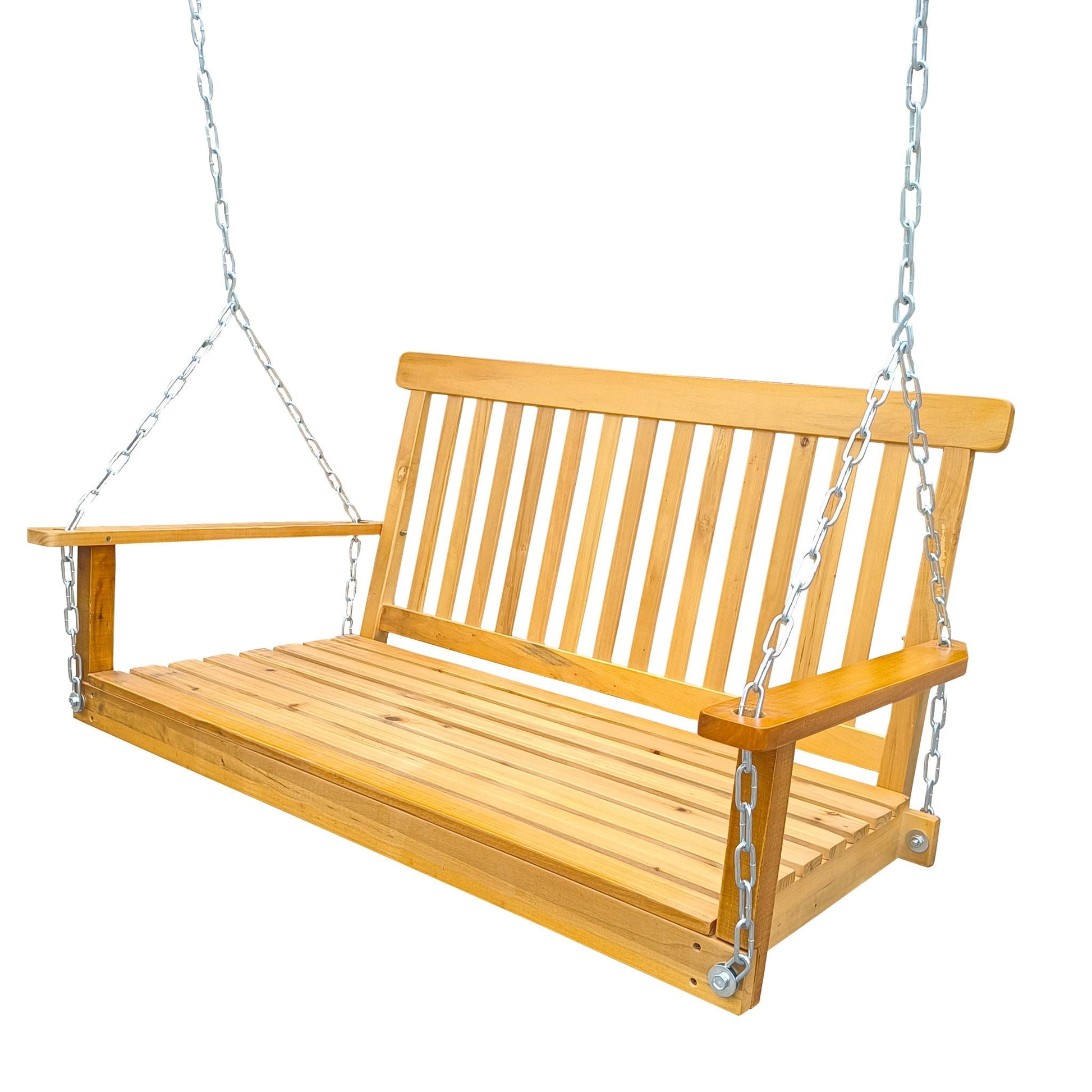 Wooden front porch swing with armrests and metal chain suspension for outdoor patio on Tampa Home & Garden Store