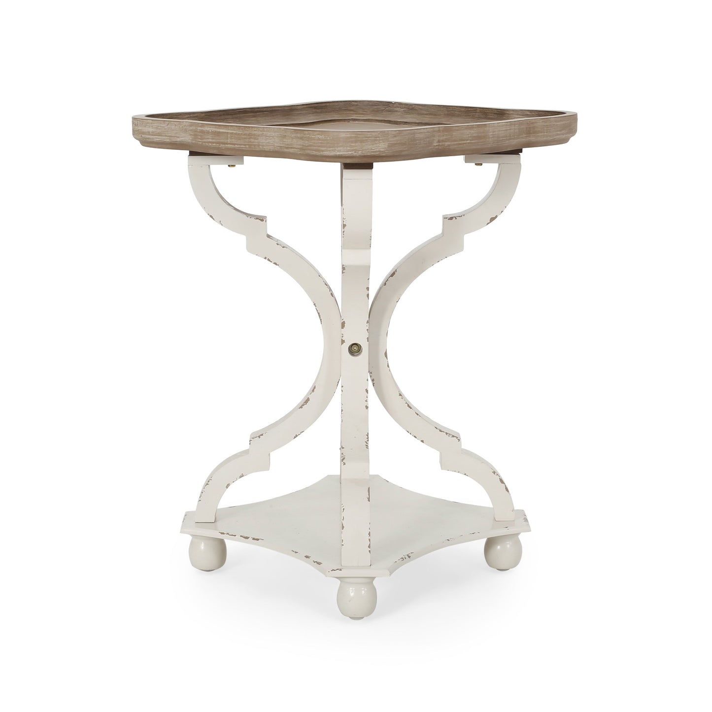 Accent table with hourglass base in distressed white and natural wood top, French country style on Tampa Home & Garden Store