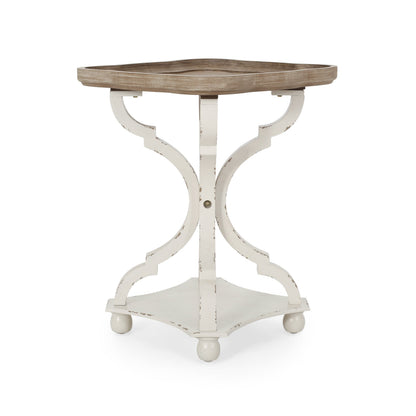 Accent table with hourglass base in distressed white and natural wood top, French country style on Tampa Home & Garden Store