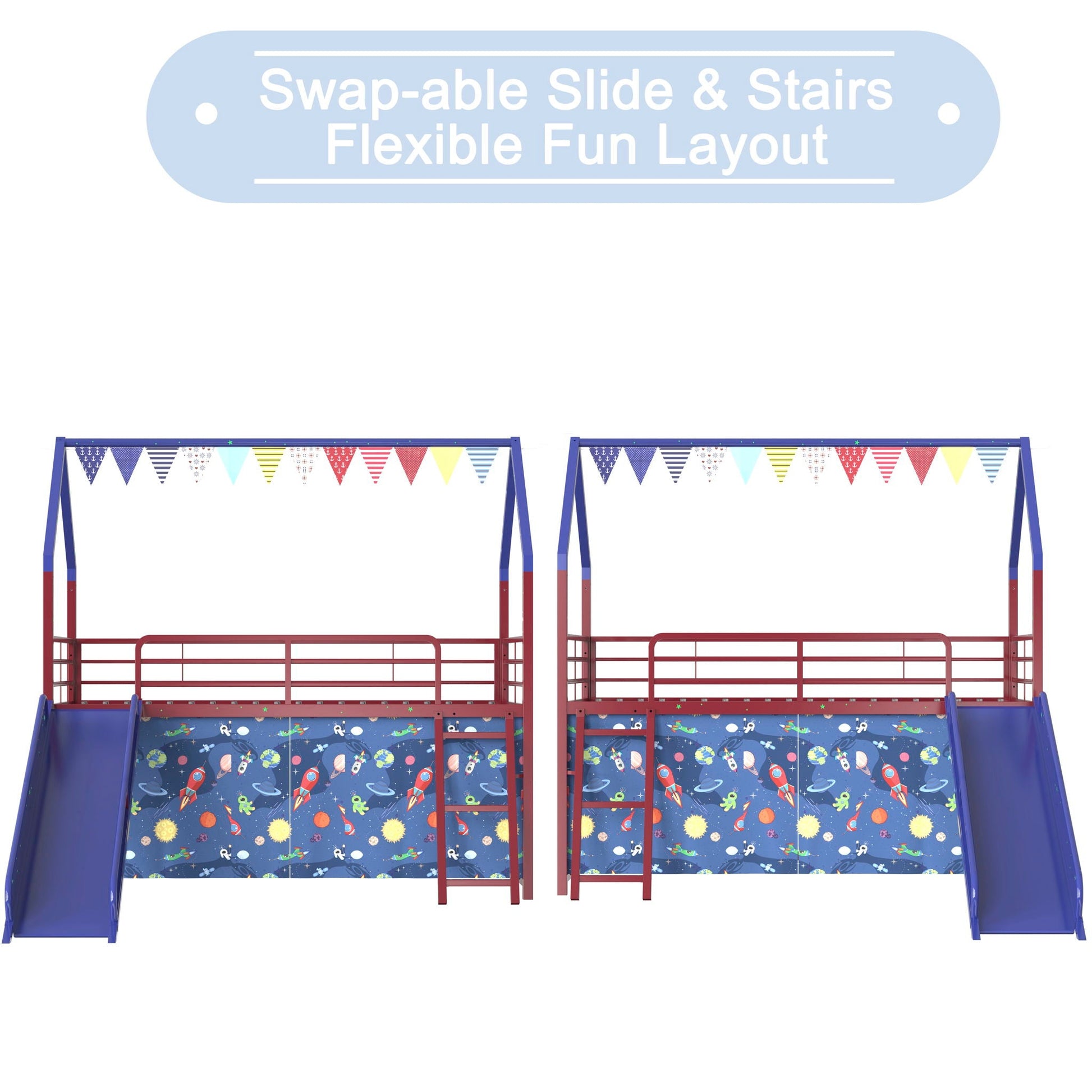 Jack House Loft Bed with Slide, red frame and blue slide, space-themed panels pair on Tampa Home & Garden Store