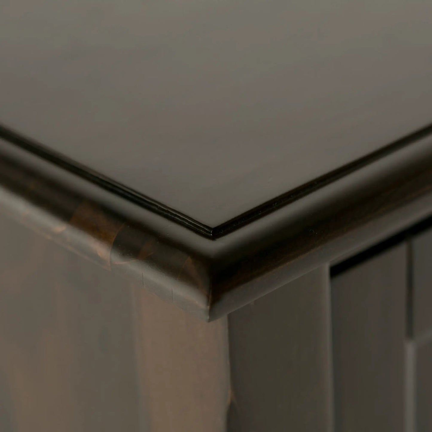 Burlington Handcrafted Low Storage Cabinet dark espresso wood trim close-up on Tampa Home & Garden Store