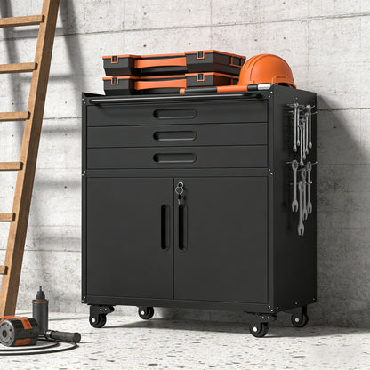 HouseOfZazla rolling tool cabinet, black metal, lockable doors, orange accents, on wheels on Tampa Home & Garden Store