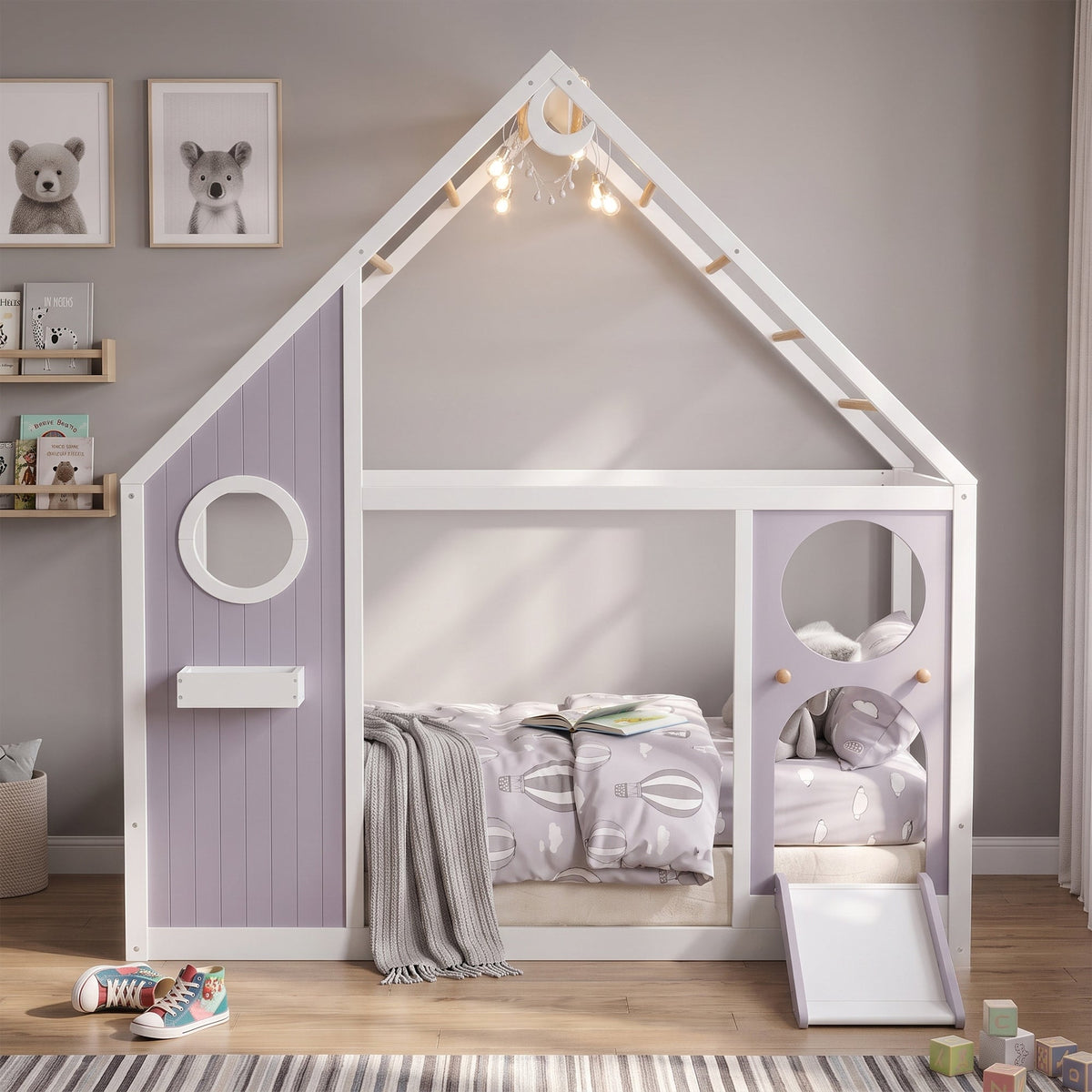 Twin House Bed with Slide and Light Strip by HouseOfZazla, 2 beds, white frame with lavender panels on Tampa Home & Garden Store