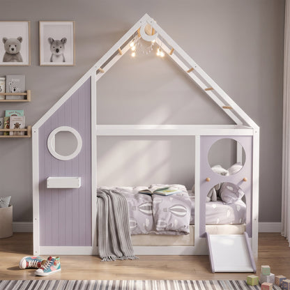 Twin House Bed with Slide and Light Strip by HouseOfZazla, 2 beds, white frame with lavender panels on Tampa Home & Garden Store