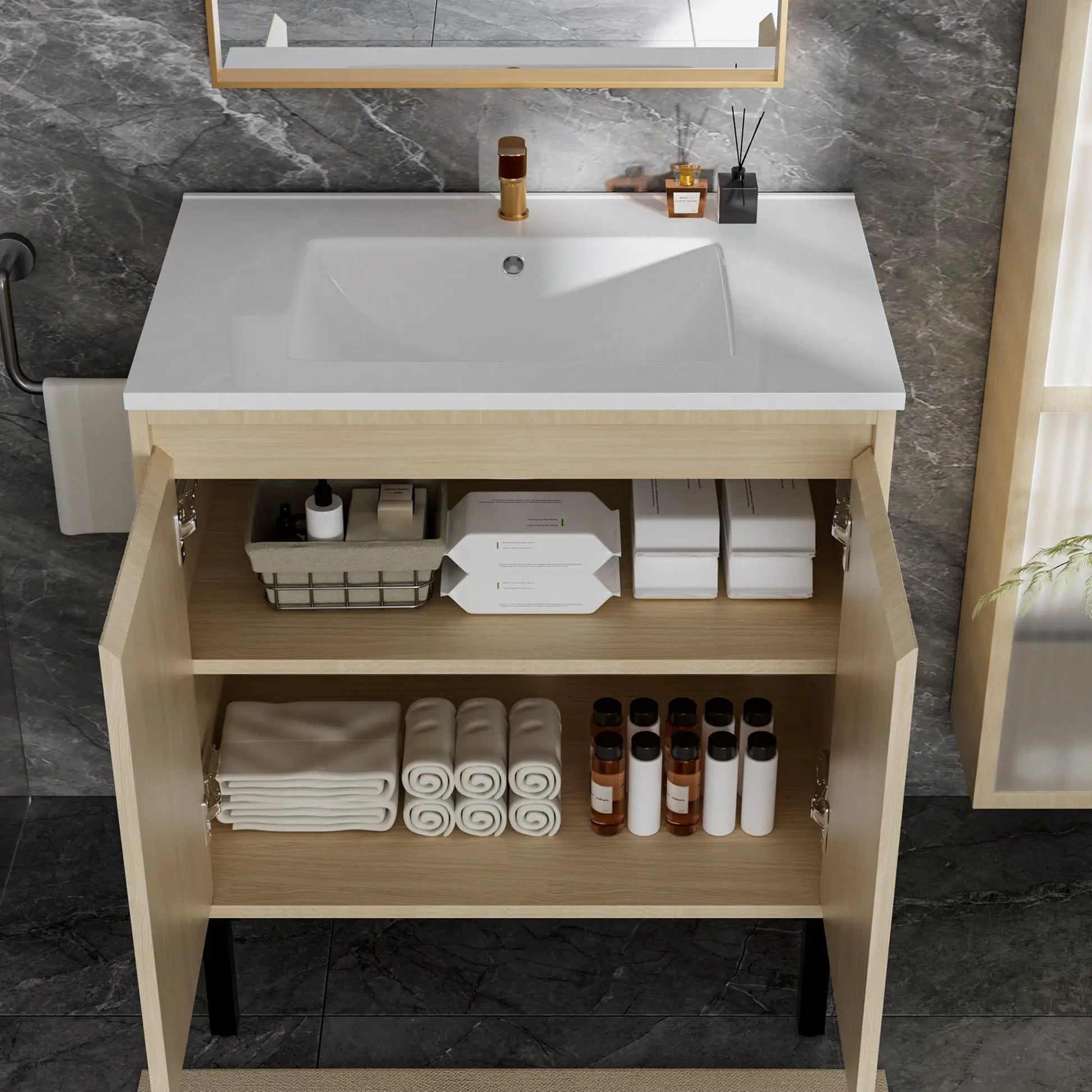 Bathroom vanity with ceramic sink, floor-standing light-wood cabinet, soft-closing drawers on Tampa Home & Garden Store