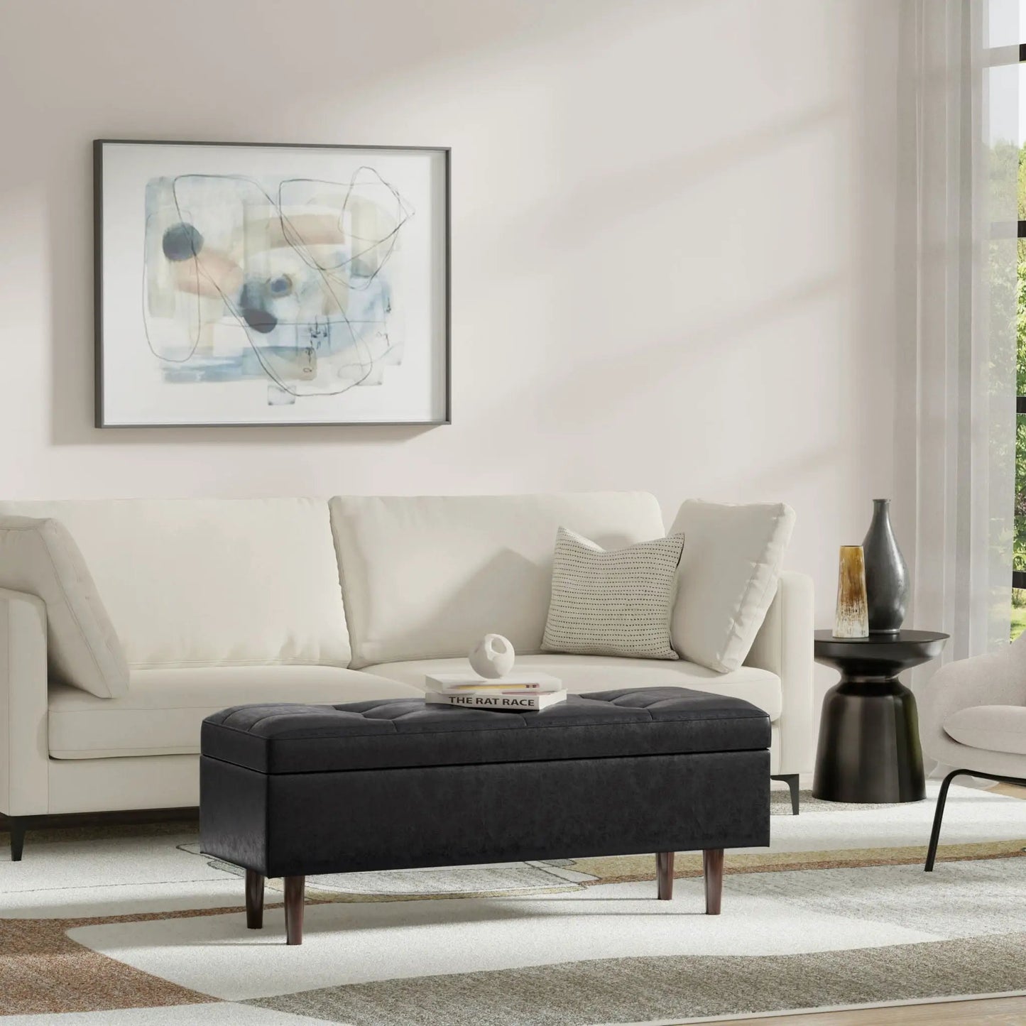 Shay large square storage ottoman coffee table in black faux leather, mid-century style on Tampa Home & Garden Store