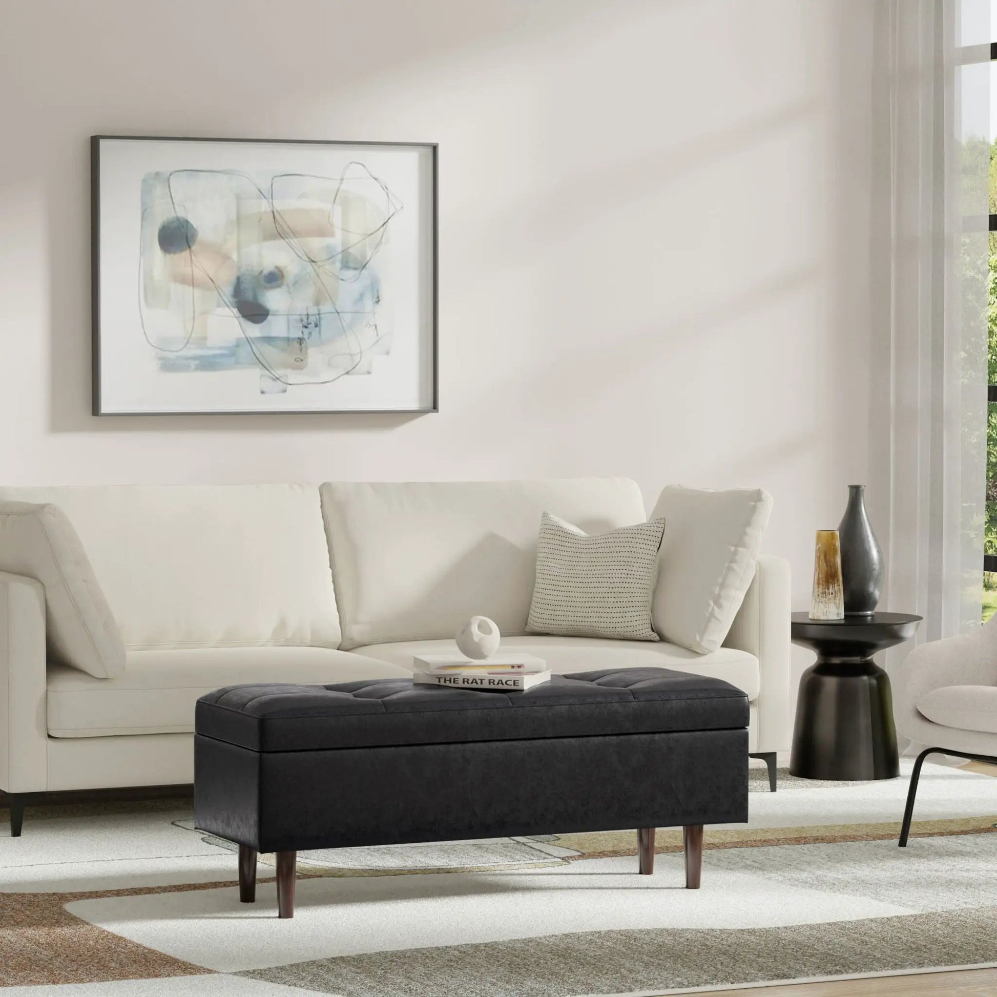 Shay large square storage ottoman coffee table in black faux leather, mid-century style on Tampa Home & Garden Store