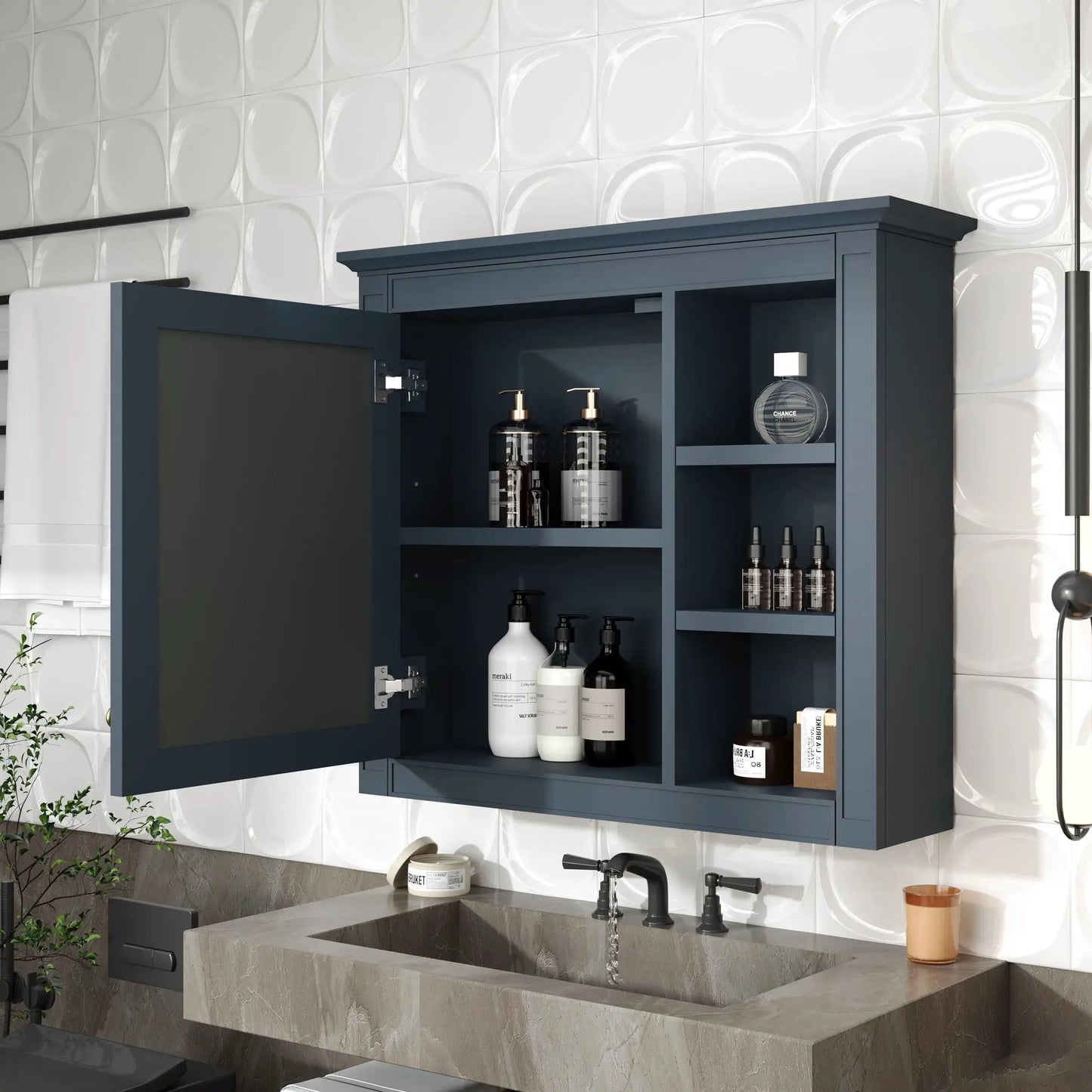 Wall Mounted Cabinet With Mirror and Open Shelves