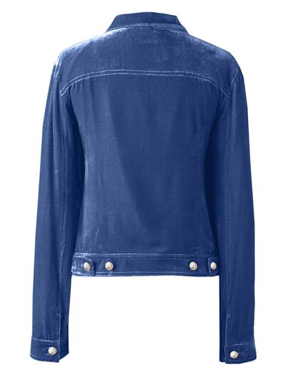 Stevvex blue denim trucker jacket with long sleeves and silver snap buttons back view on Tampa Home & Garden Store