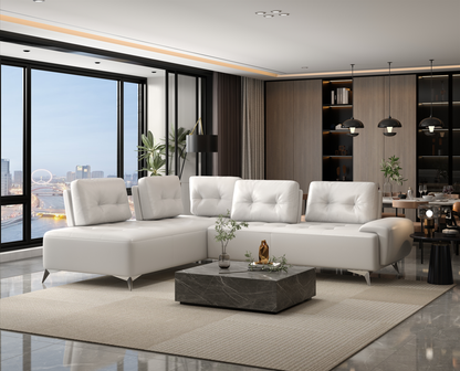 Turano Pearl sectional sofa by HouseOfZazla, white leatherette, L-shaped with metal legs on Tampa Home & Garden Store