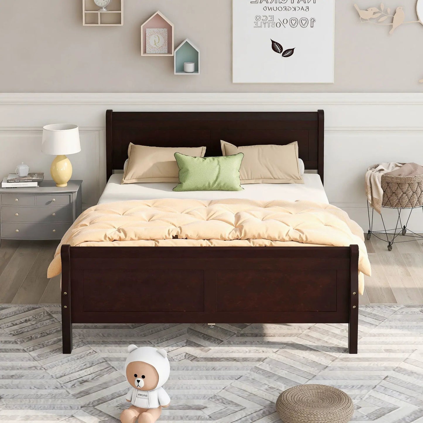 Platform bed frame in dark wood with headboard and footboard, beige bedding and green pillow on Tampa Home & Garden Store