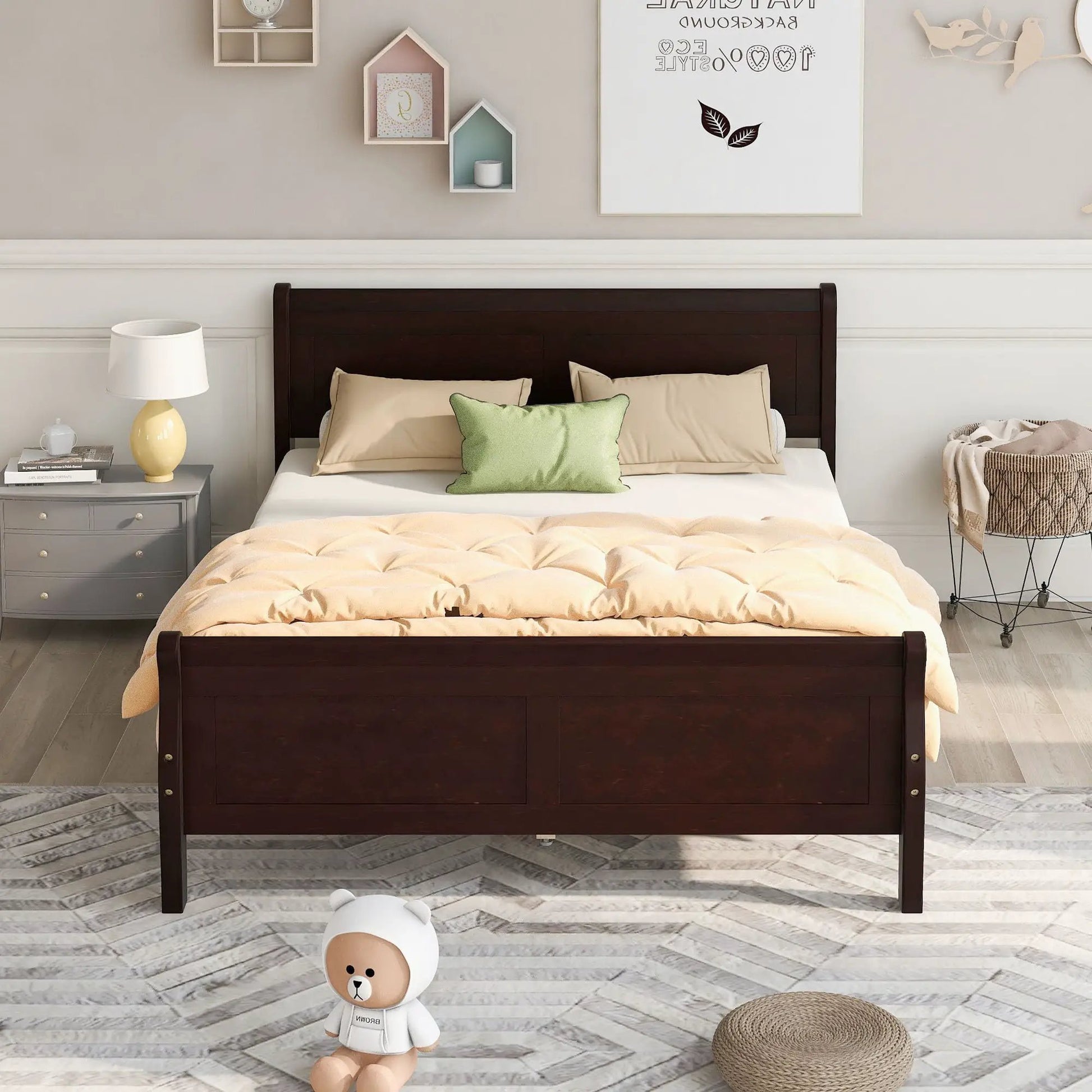 Platform bed frame in dark wood with headboard and footboard, beige bedding and green pillow on Tampa Home & Garden Store