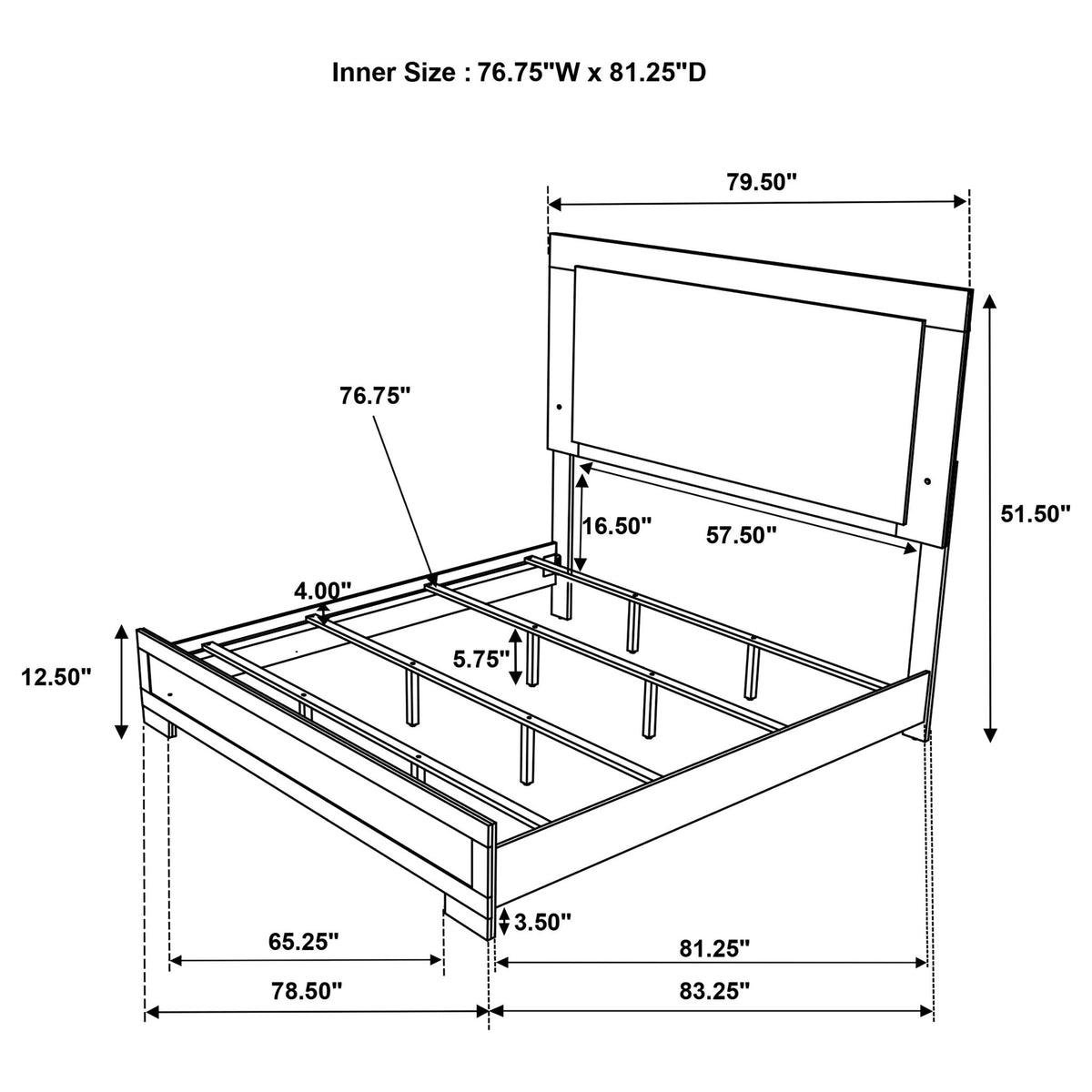 Lincoln Bedroom Set with LED Headboard by HouseOfZazla, 4pc bed schematic with dimensions on Tampa Home & Garden Store