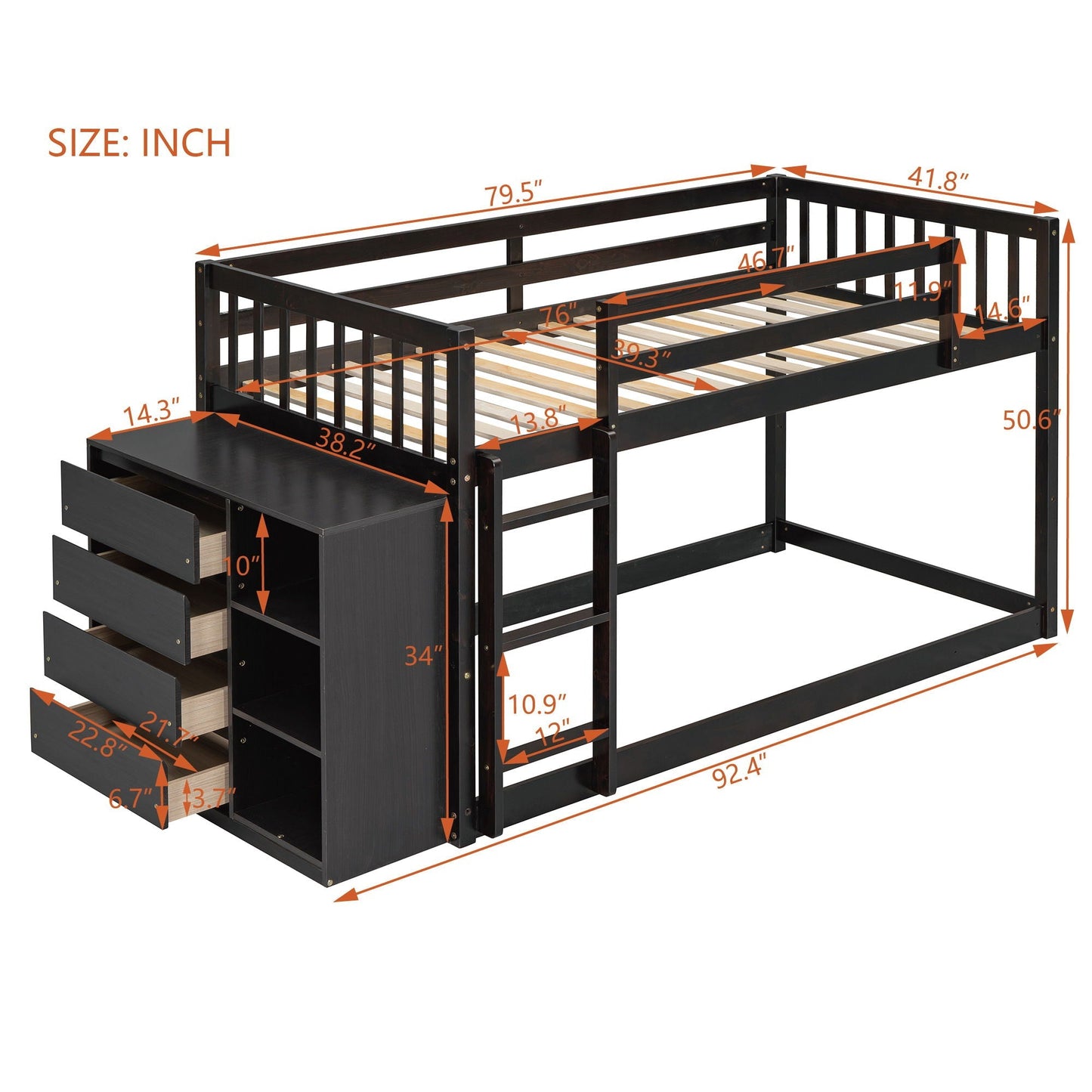 Solid Pine Bunk Bed with Drawers and Shelves