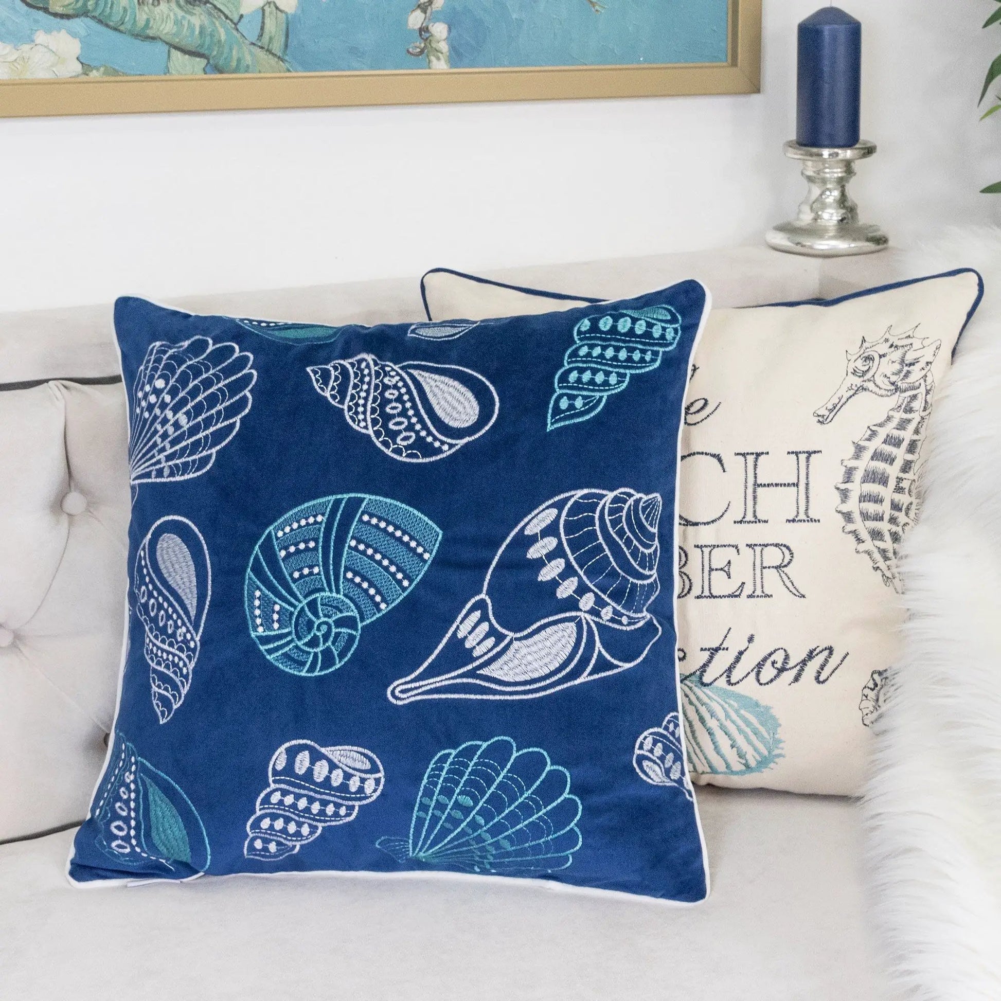 Seashells Pillow Cover, navy blue accent with white seashell print by Unique Piece Furniture on Tampa Home & Garden Store