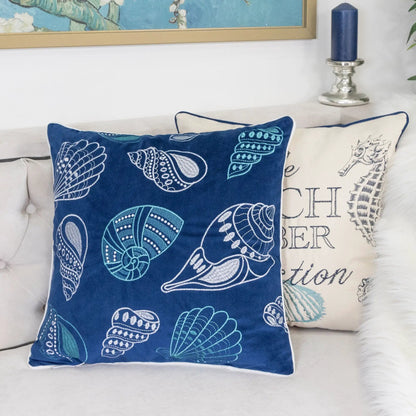Seashells Pillow Cover, navy blue accent with white seashell print by Unique Piece Furniture on Tampa Home & Garden Store
