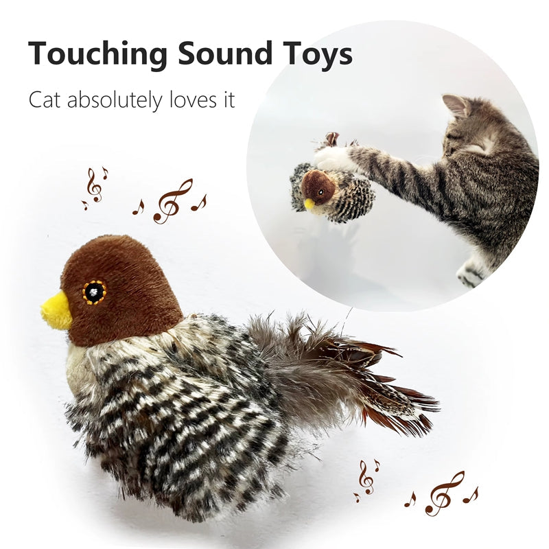 Interactive bird plush cat toy with squeaker and feather tail; brown head, striped body on Tampa Home & Garden Store