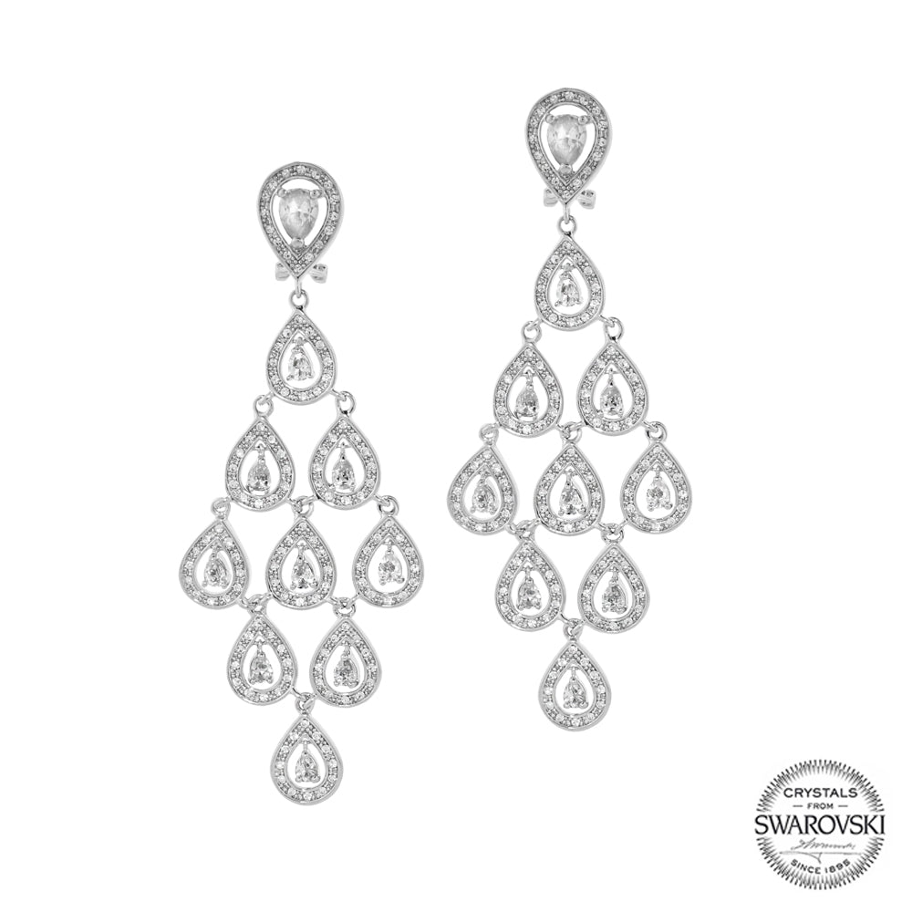 Pair of Lauren G Adams chandelier earrings with tiered teardrop Swarovski crystals on Tampa Home & Garden Store